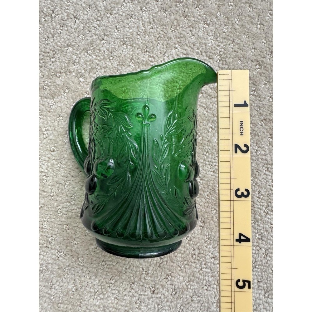 L.G. WRIGHT Opalescent Vaseline Uranium Glass Wreathed Cherry Creamer Pitcher - Picture 11 of 12